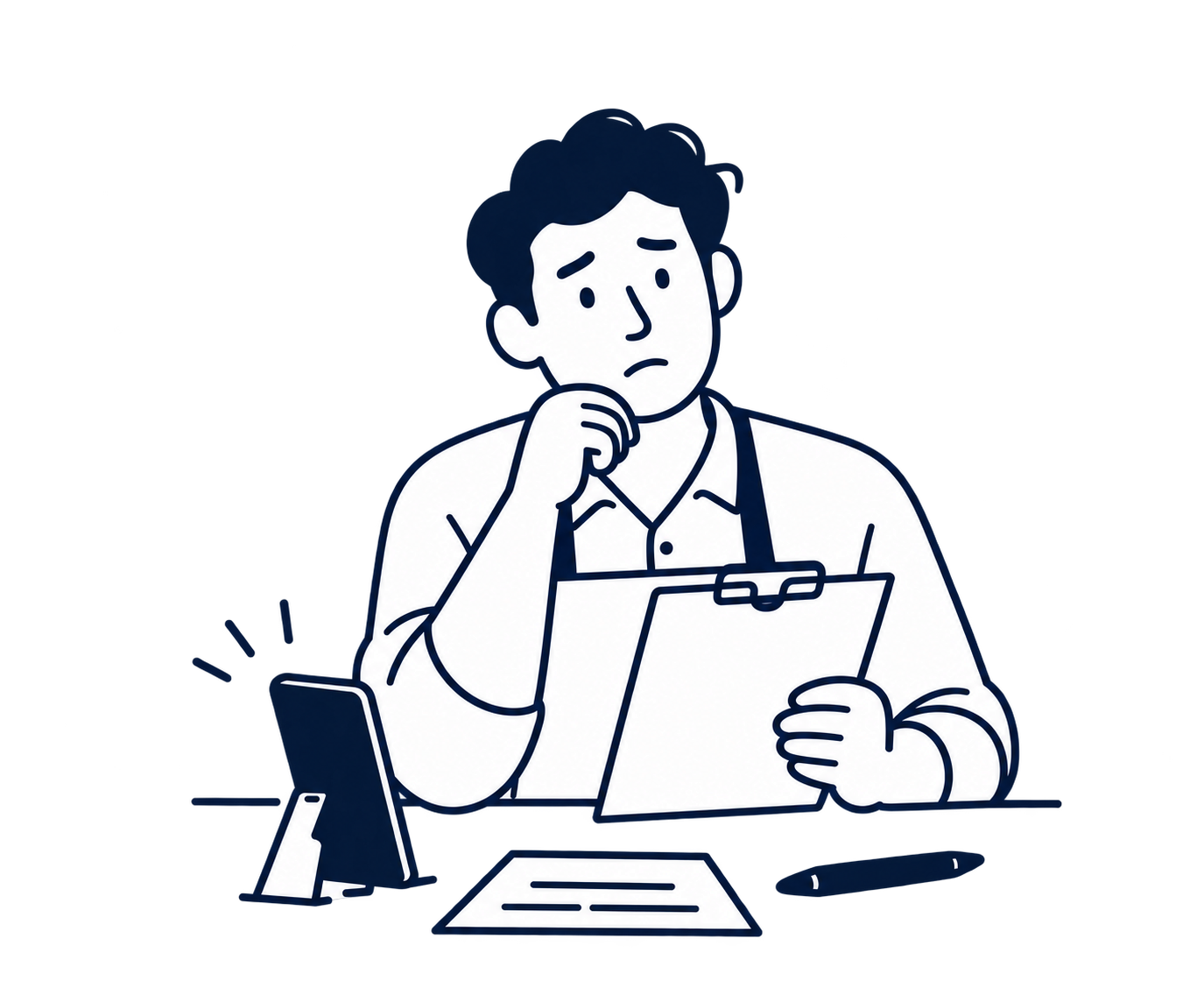 A busy service business owner considering a clipboard while their phone rings.